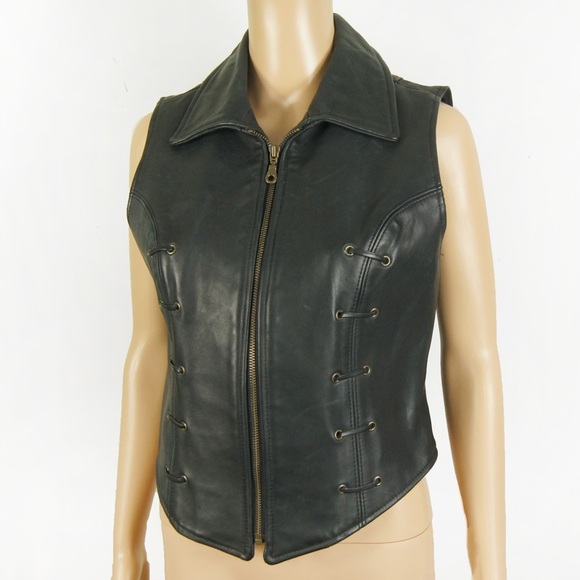 Vintage 90s Rudsak Black Lace Up Moto Motorcycle Biker Leather Vest - Picture 2 of 5